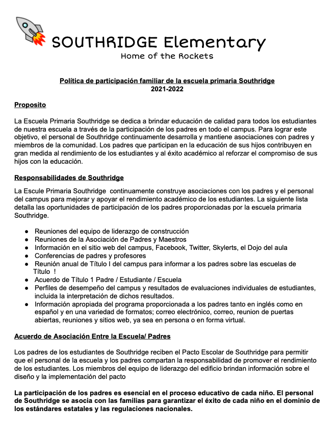 Politica de Participacion familiar de la escuela primaria Southridge